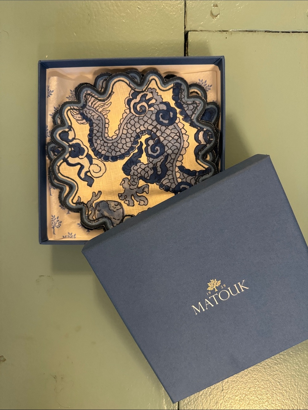 Matouk Navy and Cream Embroidered Dragon Cocktail Napkins